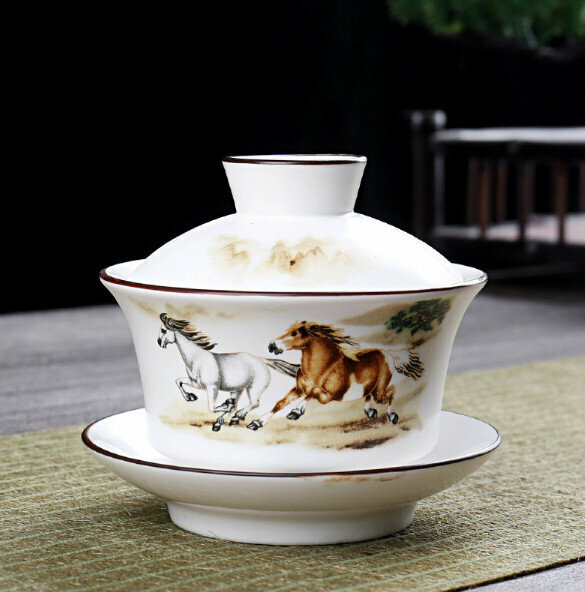 熱推簡約陶瓷帶蓋碗茶杯（定窯馬到成功）