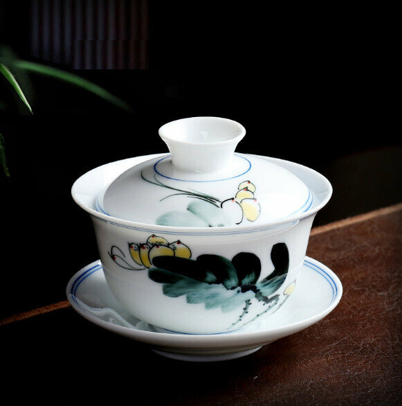 爆款單個家用陶瓷蓋碗泡茶杯（荷韻綻放）