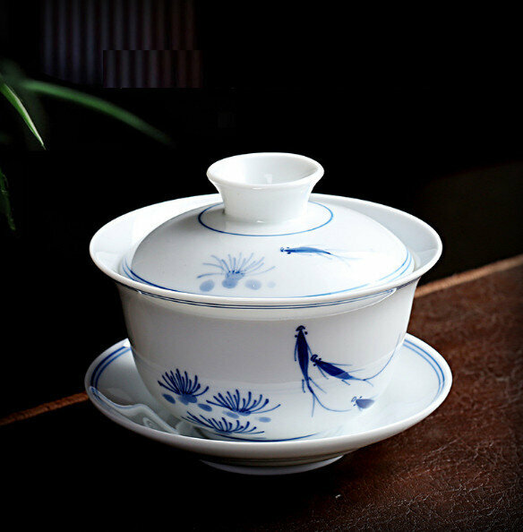 爆款單個家用陶瓷蓋碗泡茶杯（魚戲而出）