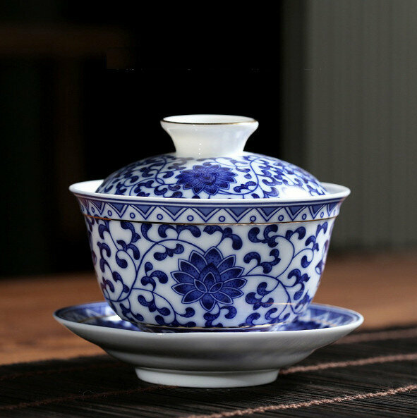 爆款白瓷大號蓋碗茶杯（蘭蓮花）【尺寸：長9cm*高9.7cm，容量180ml】