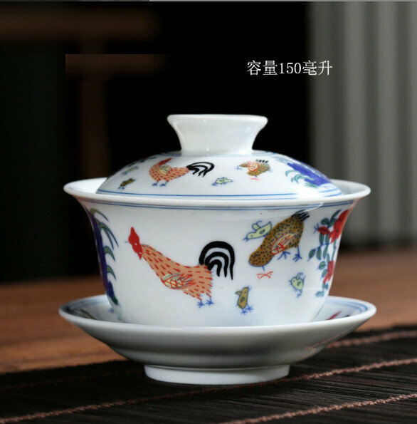 Popular white porcelain large tureen teacup (Golden Rooster crowing) [size: length 8.6cm*height 9.8cm, capacity 150ml]