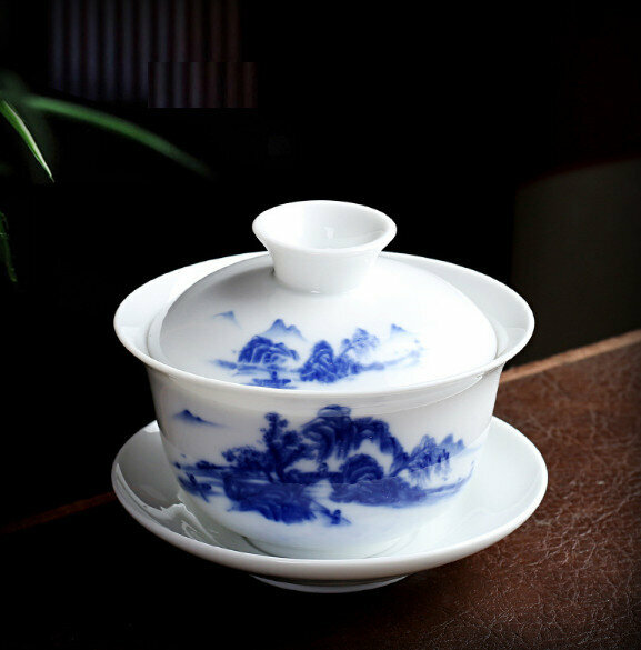 Popular household white porcelain medium tureen single teacup (Green Mountains and Green Waters)