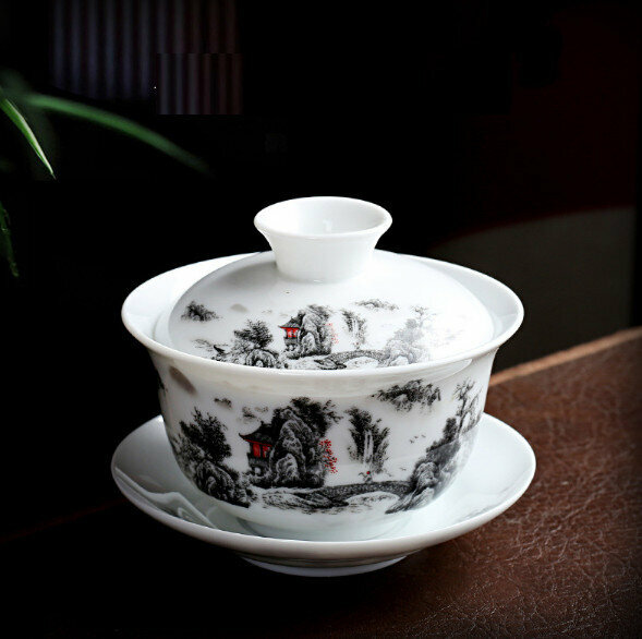 Popular household white porcelain medium-sized tureen and single tea cup (Mountain Residence Picture)