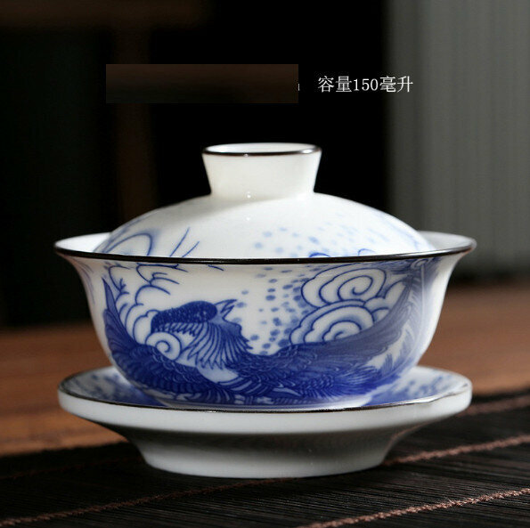 Hot style white porcelain large tureen tea cup (dragon and phoenix present auspiciousness) [size: length 8cm*height 10.2cm, capacity 150ml]