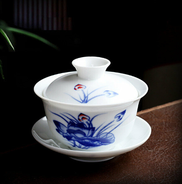 Popular household white porcelain medium tureen single tea cup (Blue Lotus Rhyme)