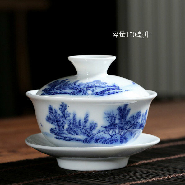 Popular large ceramic tureen tea cup (Blue Landscape) [Size: length 7.7cm*height 9.8cm, capacity 150ml]