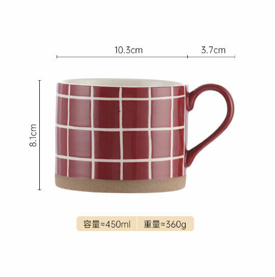 新款手繪粗陶磨砂陶瓷杯【紅格子款】(容量≈450ml)