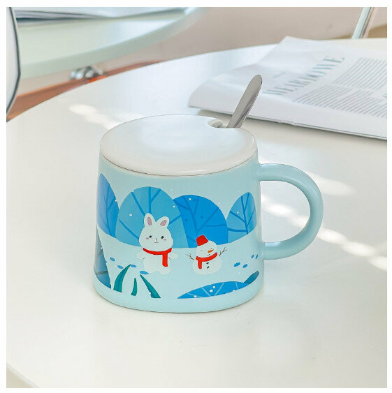 新款陶瓷水杯【301-400ml】【藍色（瓷蓋+勺子）】 