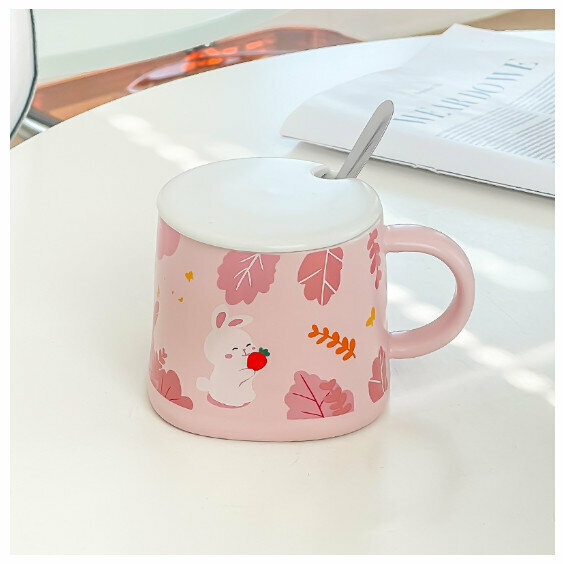 新款陶瓷水杯【301-400ml】【粉紅色（瓷蓋+勺子）】 