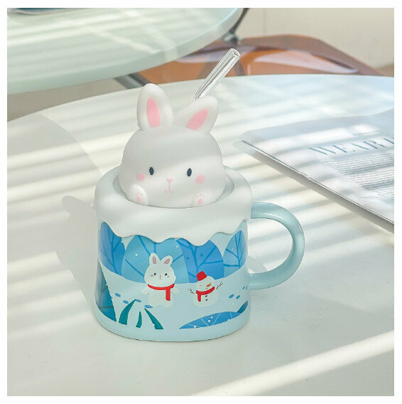 新款陶瓷水杯【301-400ml】【藍色（兔子蓋+吸管）】 