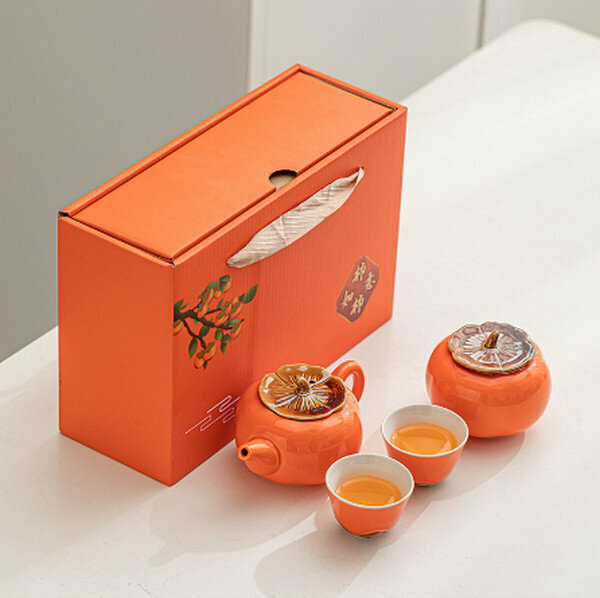 新款柿柿如意茶壺茶杯套裝橙色禮盒【柿子茶具（小套組）】
