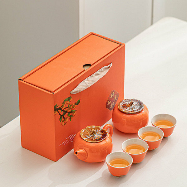 新款柿柿如意茶壺茶杯套裝橙色禮盒【柿子茶具（大套組）】