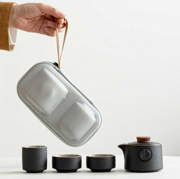 新款黑陶便攜式戶外茶具套裝【黑色 黑陶旅行茶具】