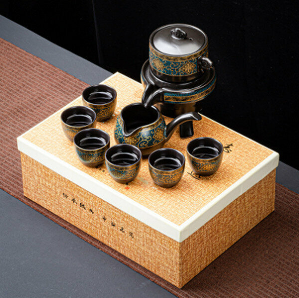 新款石磨陶瓷復古鎏金印花茶具【金盞花自動茶具（含禮盒）】