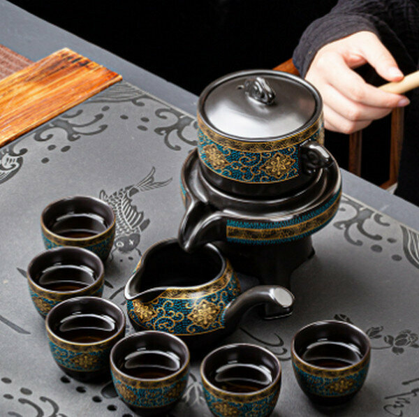 新款石磨陶瓷復古鎏金印花茶具【金盞花自動茶具6杯泡沫裝】