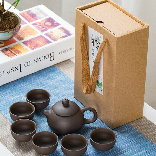 新款陶瓷紫砂功夫茶具茶杯套裝【紫砂茶具含禮盒(1壺6杯)】