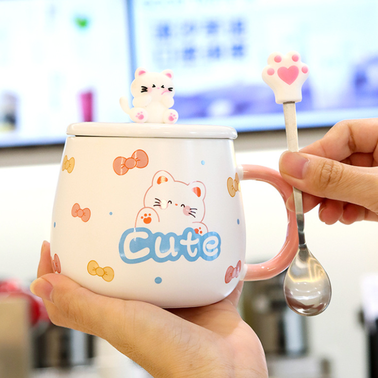 新款帶蓋可愛少女心馬克杯500ml（你好呀+陶瓷蓋+貓爪勺）