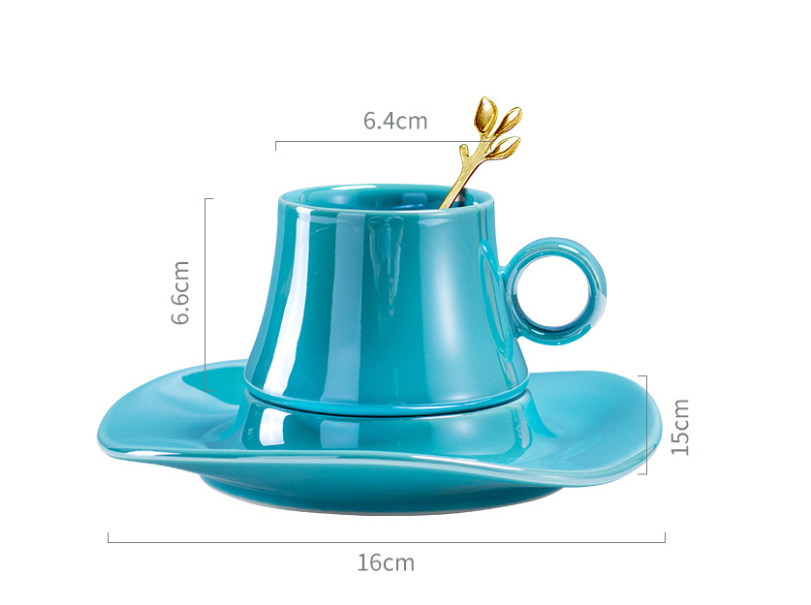 熱賣幻彩荷葉陶瓷咖啡杯 茶具杯碟套裝（寶石藍）