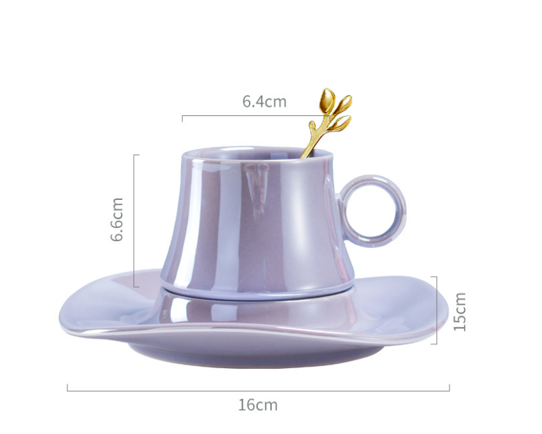 熱賣幻彩荷葉陶瓷咖啡杯 茶具杯碟套裝（魅力紫）