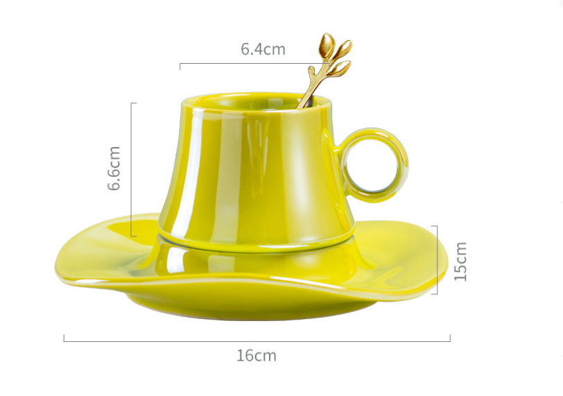熱賣幻彩荷葉陶瓷咖啡杯 茶具杯碟套裝（檸檬黃）