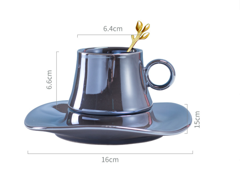 熱賣幻彩荷葉陶瓷咖啡杯 茶具杯碟套裝（墨灰黑）