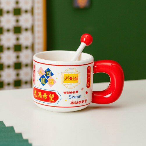 熱賣陶瓷馬克杯水杯（3378港風文字-紅色 380ml）