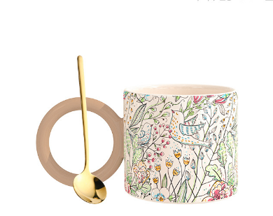 Hot Selling Ceramic Mug Big Ear Cup (Specification: Freesia + Gold Spoon [350ML] )