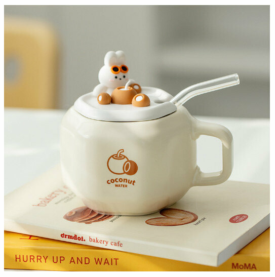 Hot Selling Ceramic Mug [Coconut Rabbit White, Cup + Lid + Straw] (Capacity 301-400ml)