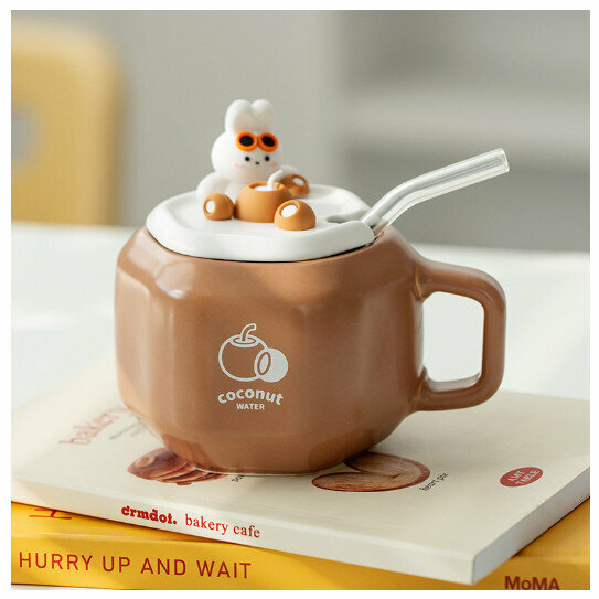 Hot Selling Ceramic Mug [Coconut Rabbit Brown, Cup + Lid + Straw] (Capacity 301-400ml)