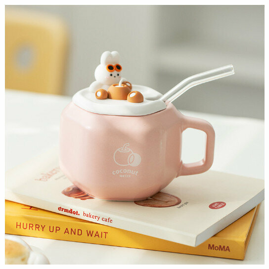 Hot Selling Ceramic Mug [Coconut Rabbit Pink, Cup + Lid + Straw] (Capacity 301-400ml)
