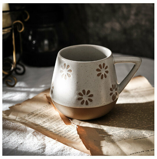 Hot selling hand-painted stoneware coffee cup mug [Flower round clay cup-single cup] (capacity 301-400ml)
