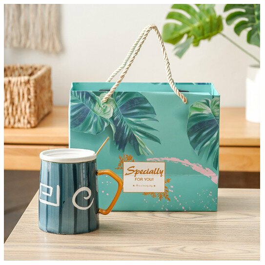 Hot Selling Hand-painted Mug Ceramic Cup [Slanted Mouth Hokage Cup with Lid Spoon + Gift Box] (Capacity 301-400ml)