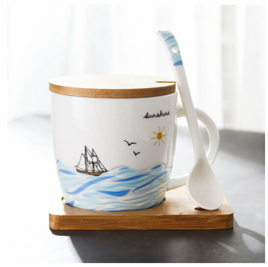 Hot selling ceramic mug [Sailboat-White (cup + wooden lid + spoon + mat)] (capacity 301-400ml)