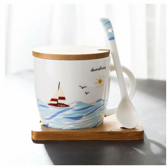 Hot Selling Ceramic Mug [Sailboat - Light Yellow (Cup + Wooden Lid + Spoon + Mat)] (Capacity 301-400ml)