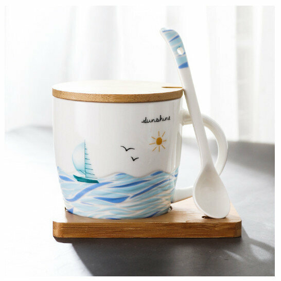 Hot selling ceramic mug [Sailboat-Blue (cup + wooden lid + spoon + mat)] (capacity 301-400ml)