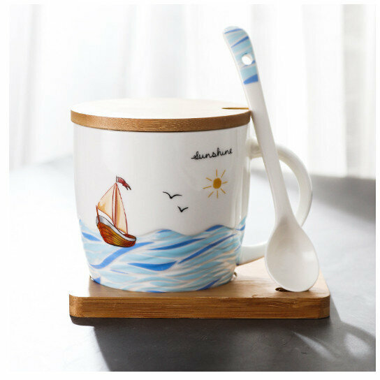 Hot Selling Ceramic Mug [Sailboat-Dark Yellow (Cup + Wooden Lid + Spoon + Mat)] (Capacity 301-400ml)