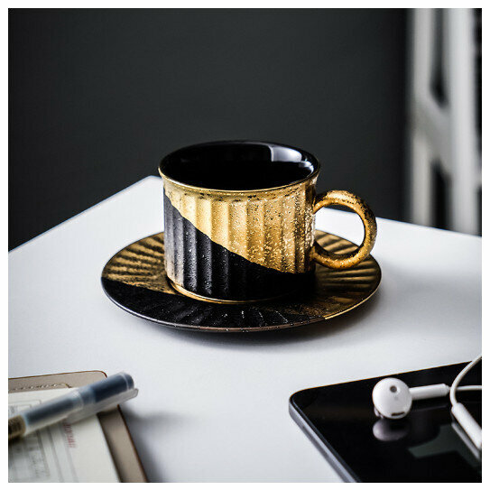 Hot selling black gold electroplated mug, coffee cup and saucer [Style 1 black gold cup, saucer and spoon]