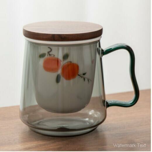 Hot selling lotus underglaze colored glass tea cup (wooden lid-hand-painted glass three-piece water cup set [Persimmon] Capacity: 500ML)