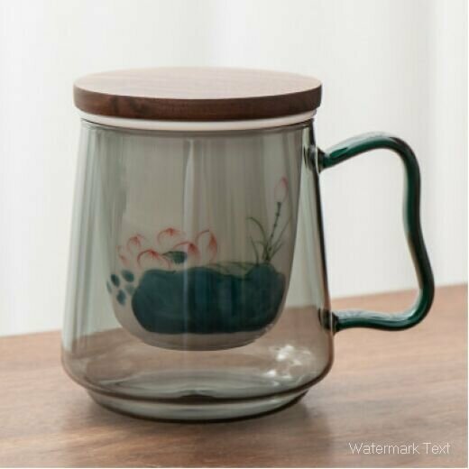 Hot selling lotus underglaze colored glass tea cup (wooden lid-hand-painted glass three-piece water cup set [Qinglian] Capacity: 500ML)