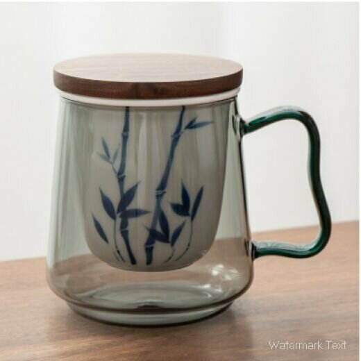 Hot selling lotus underglaze colored glass tea cup (wooden lid-hand-painted glass three-piece water cup set [ink bamboo] capacity: 500ML)