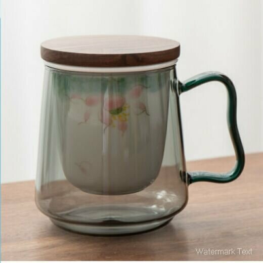 Hot selling lotus underglaze colored glass tea cup (wooden lid-hand-painted glass three-piece water cup set [Pink Lotus] Capacity: 500ML)