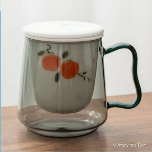 Hot selling lotus underglaze colored glass tea cup (porcelain lid-hand-painted glass three-piece water cup set [Persimmon] Capacity: 500ML)
