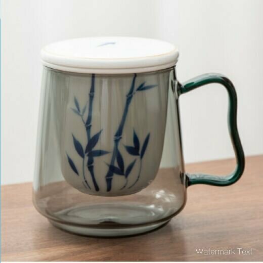 Hot selling lotus underglaze colored glass tea cup (porcelain lid-hand-painted glass three-piece water cup set [ink bamboo] capacity: 500ML)