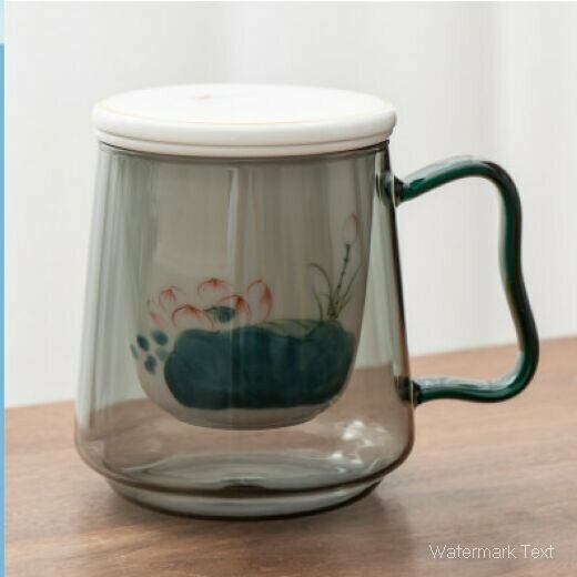 Hot selling lotus underglaze colored glass tea cup (porcelain lid-hand-painted glass three-piece water cup set [Qinglian] Capacity: 500ML)