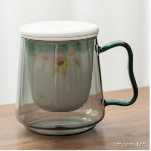 Hot selling lotus underglaze colored glass tea cup (porcelain lid-hand-painted glass three-piece water cup set [Pink Lotus] Capacity: 500ML)
