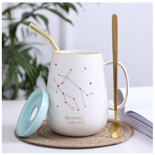 Hot selling gold edge ceramic mug coffee cup [Gemini-(lid+spoon+straw)]
