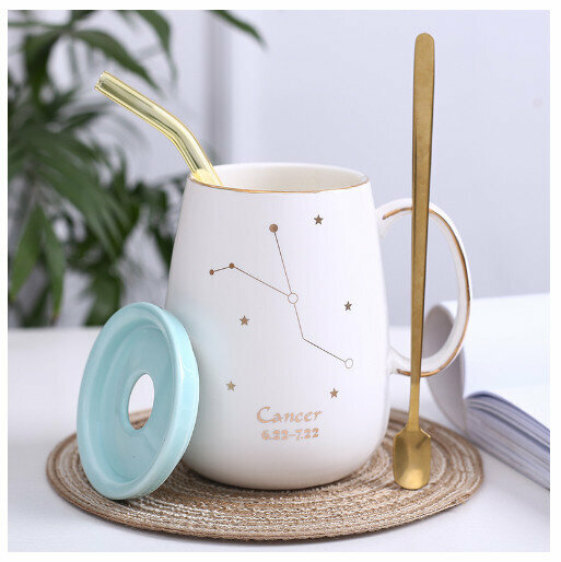Hot selling gold edge ceramic mug coffee cup [Cancer-(lid+spoon+straw)]