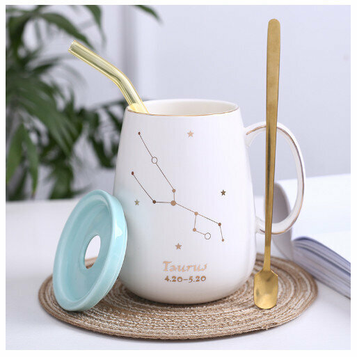 Hot selling gold edge ceramic mug coffee cup [Taurus-(lid+spoon+straw)]