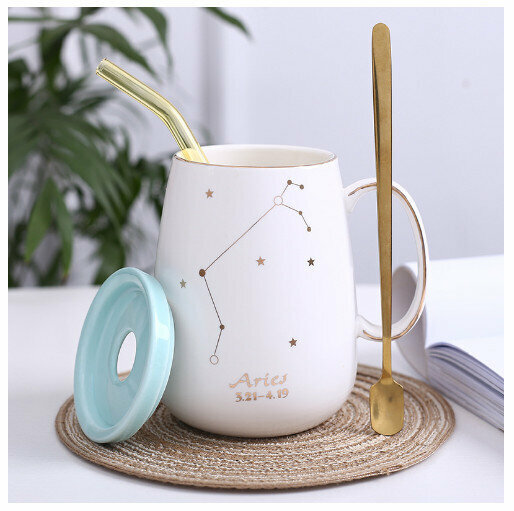 Hot selling gold edge ceramic mug coffee cup [Aries-(lid+spoon+straw)]