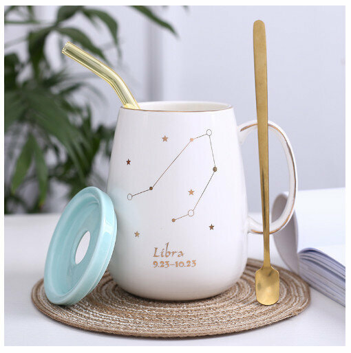 Hot selling gold edge ceramic mug coffee cup [Libra-(lid+spoon+straw)]